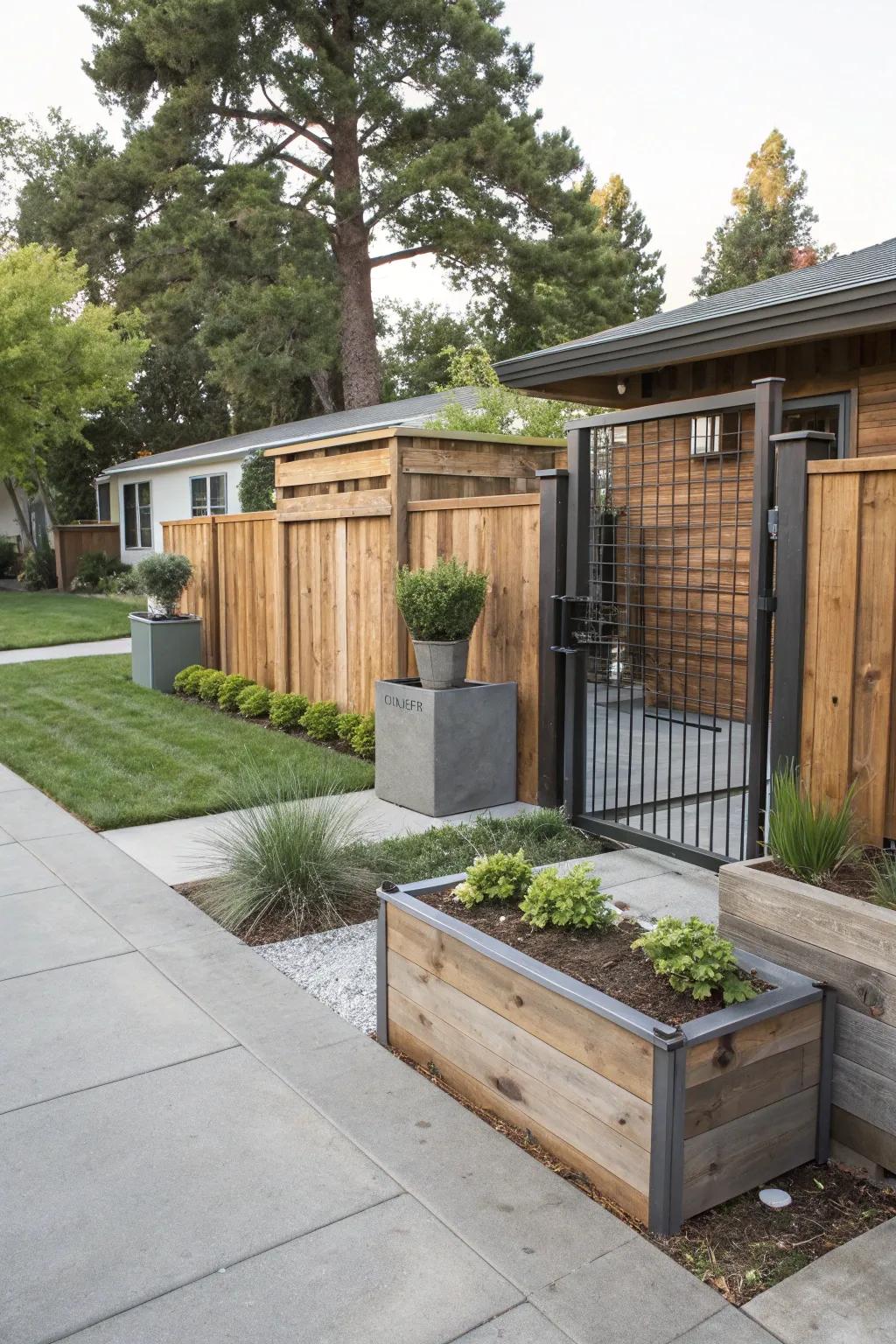 Eco-friendly materials add sustainability and charm to this modern front yard.