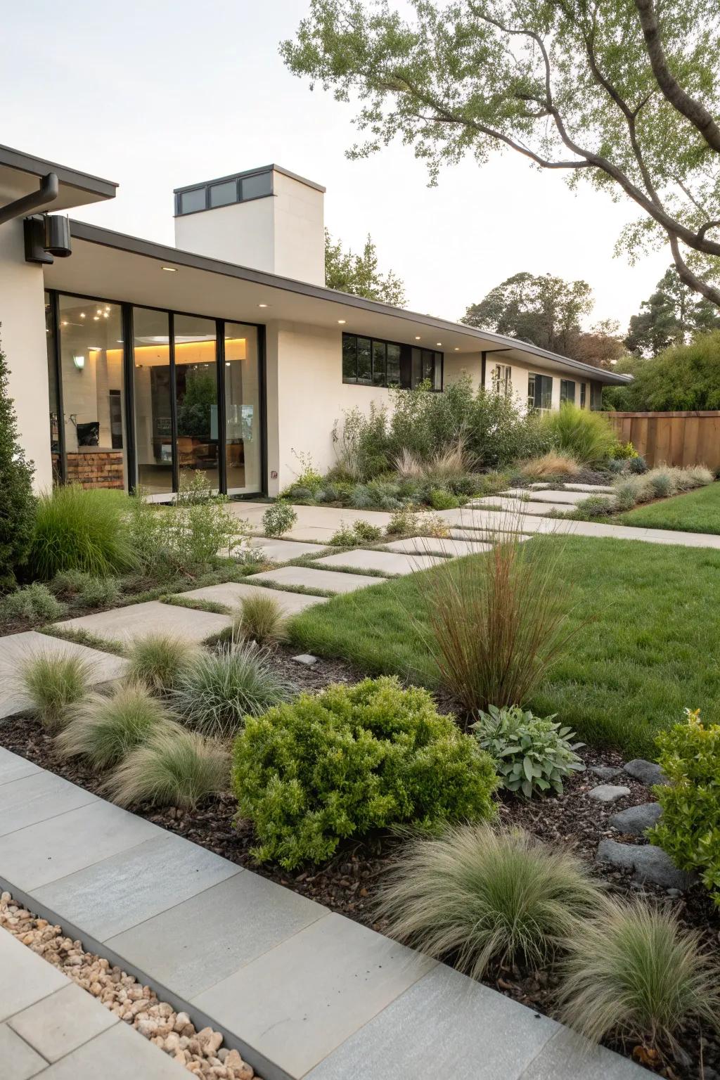 Low-maintenance native plants create a hassle-free modern front yard.