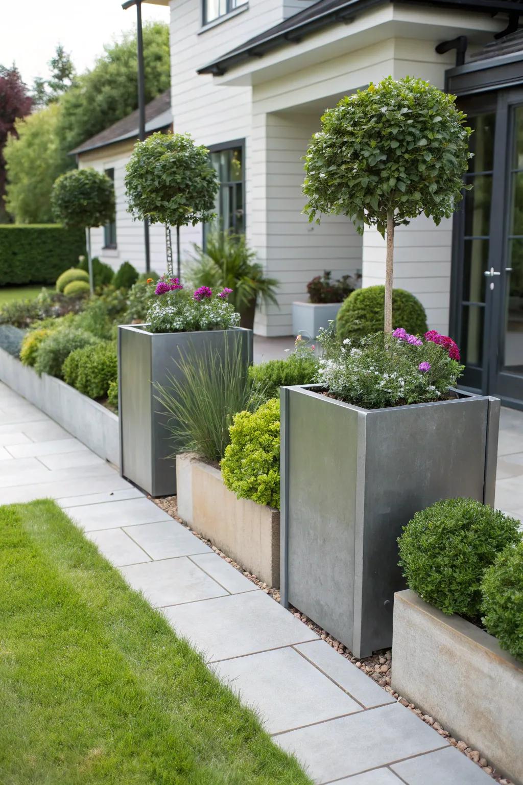 Sleek planters add greenery to this modern front yard.