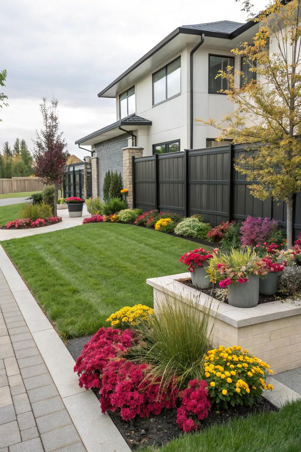 Seasonal plants add dynamic color to this modern front yard.