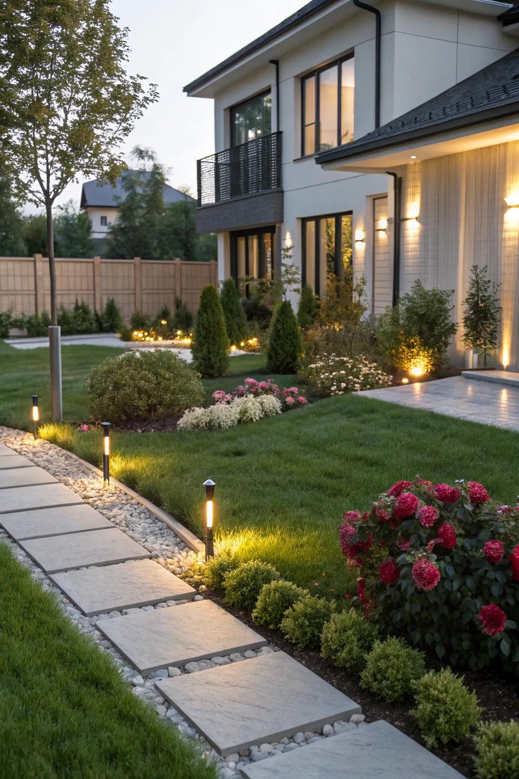 Smart technology enhances the convenience of this modern front yard.