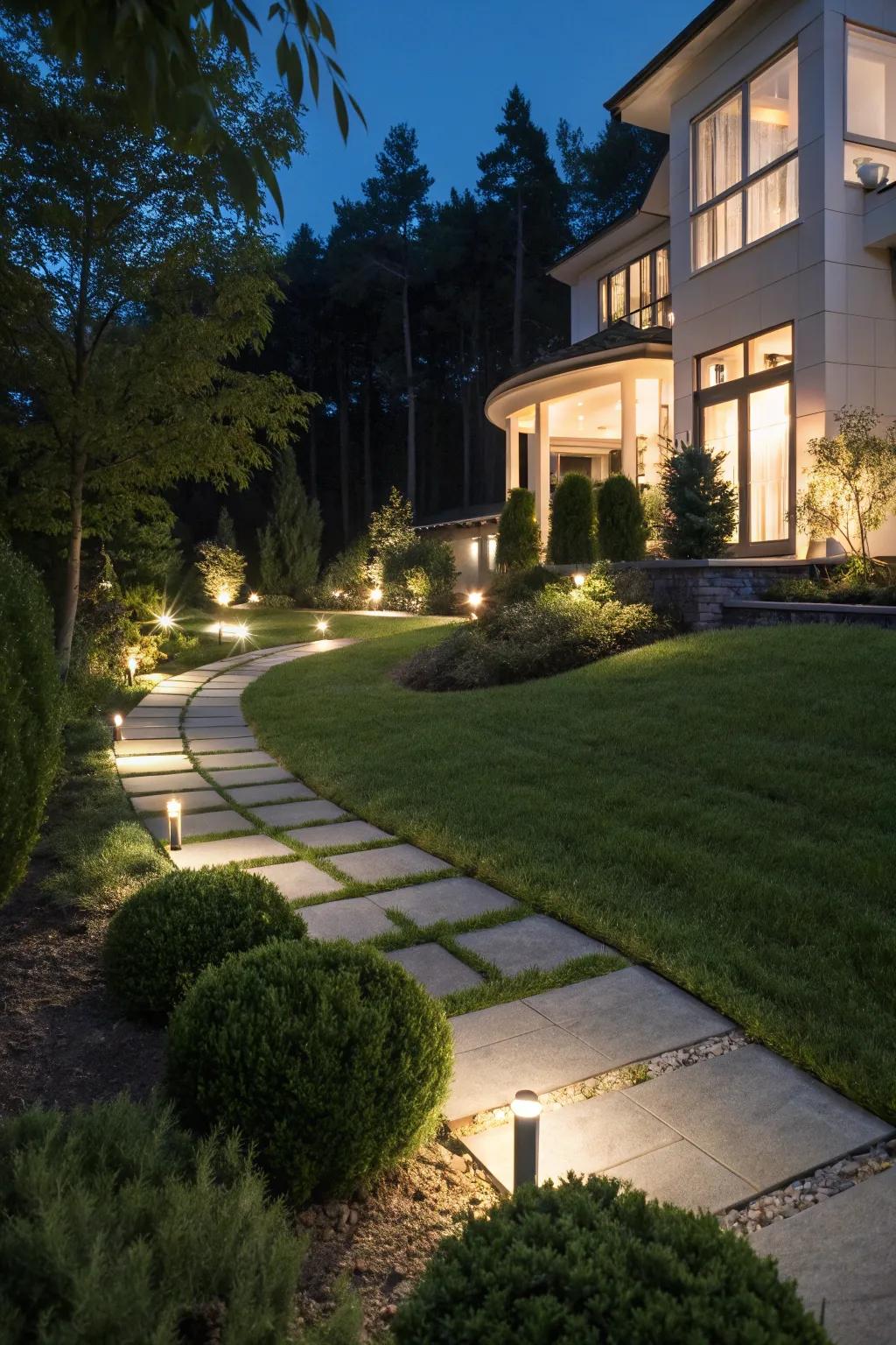 Integrated lighting highlights pathways in a modern front yard at night.