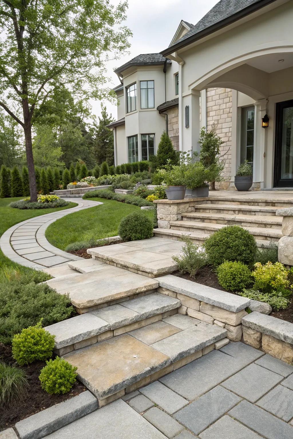 Natural stone accents bring elegance to this modern front yard.