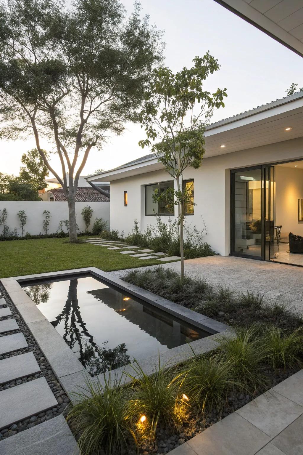 A small reflective pool adds elegance to a modern front yard.