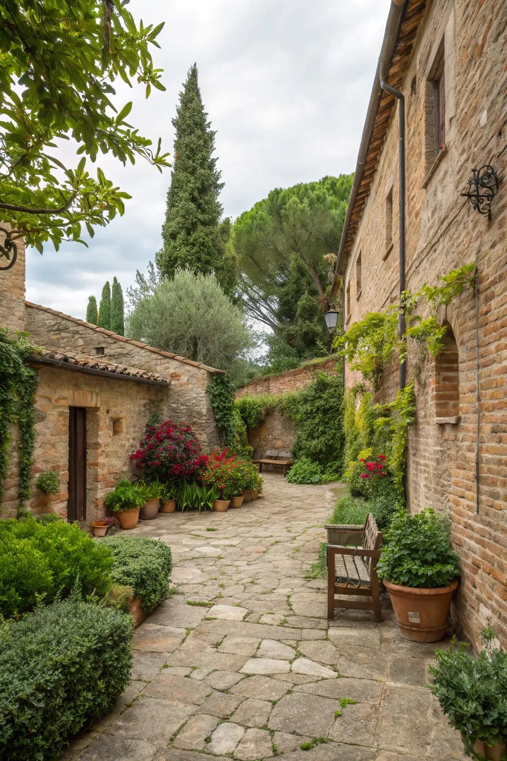 Stone and brick elements create a rustic charm in this courtyard.