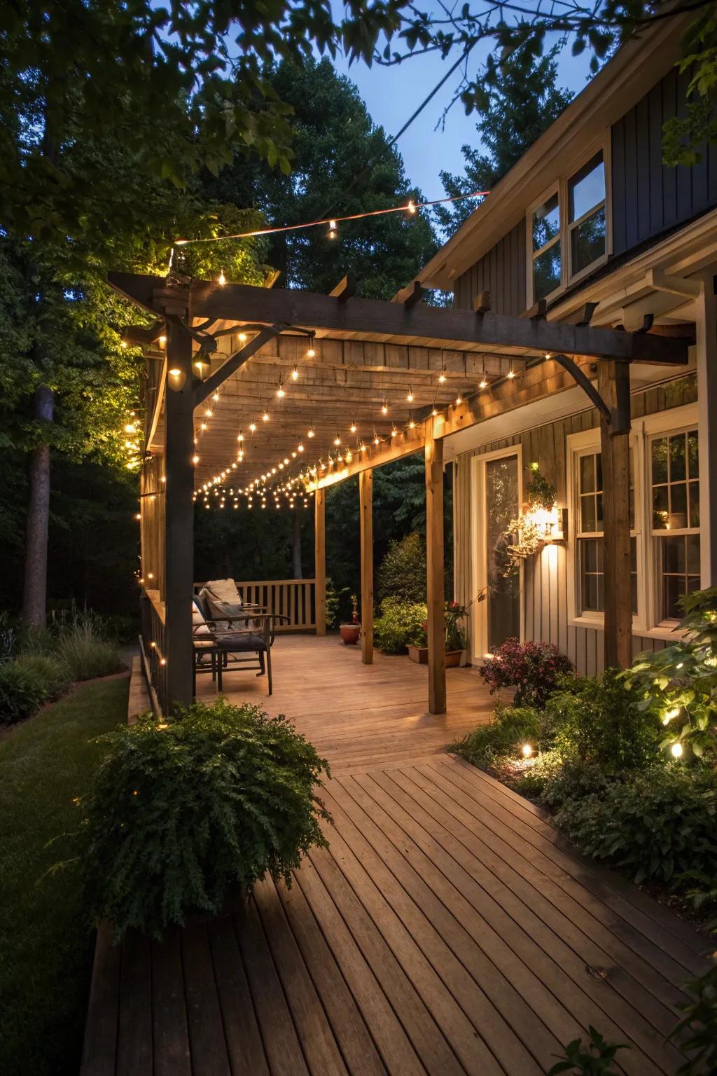 String lights add a cozy and inviting ambiance.