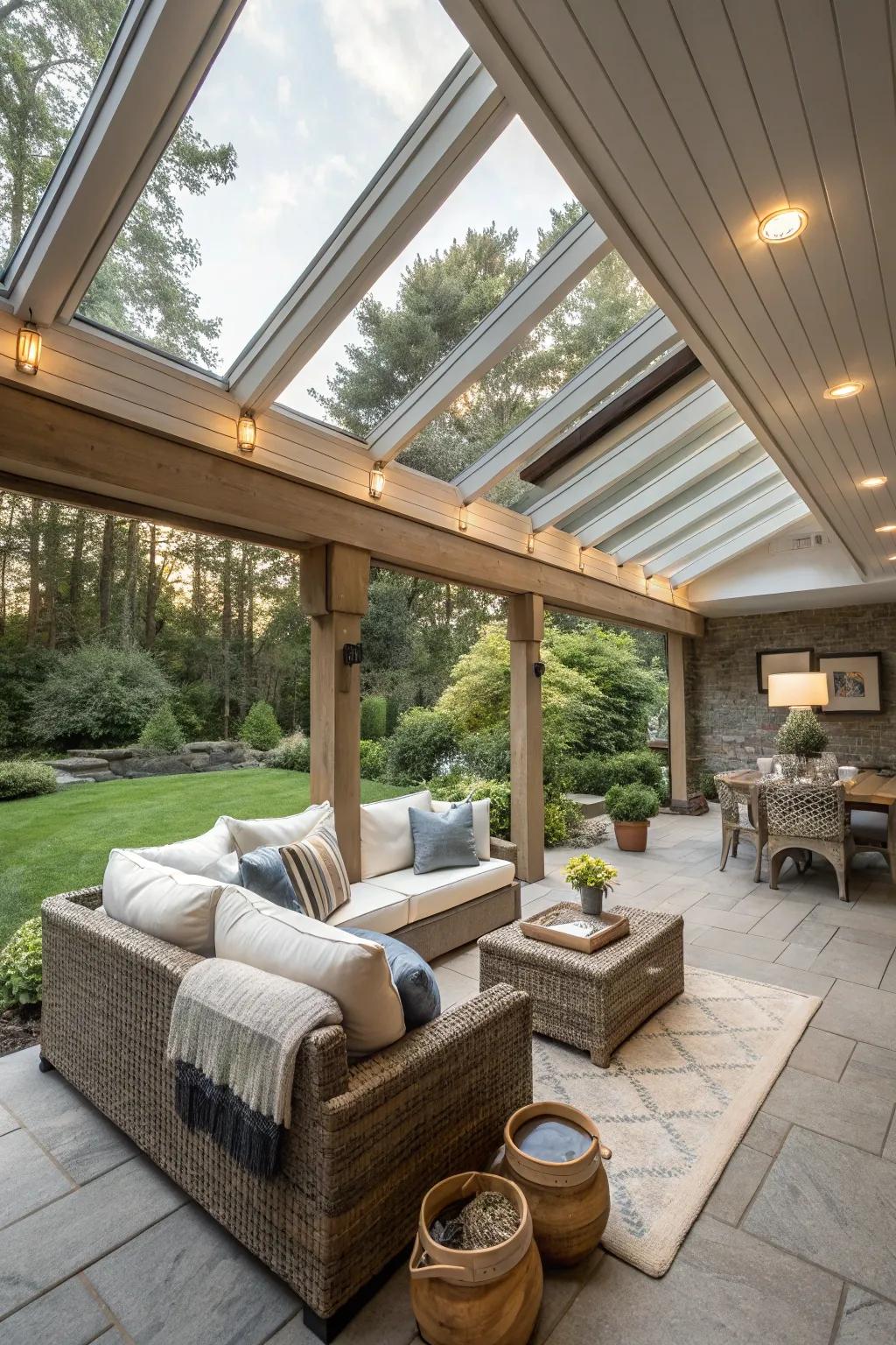 Skylights provide seasonal versatility, making the patio enjoyable year-round.