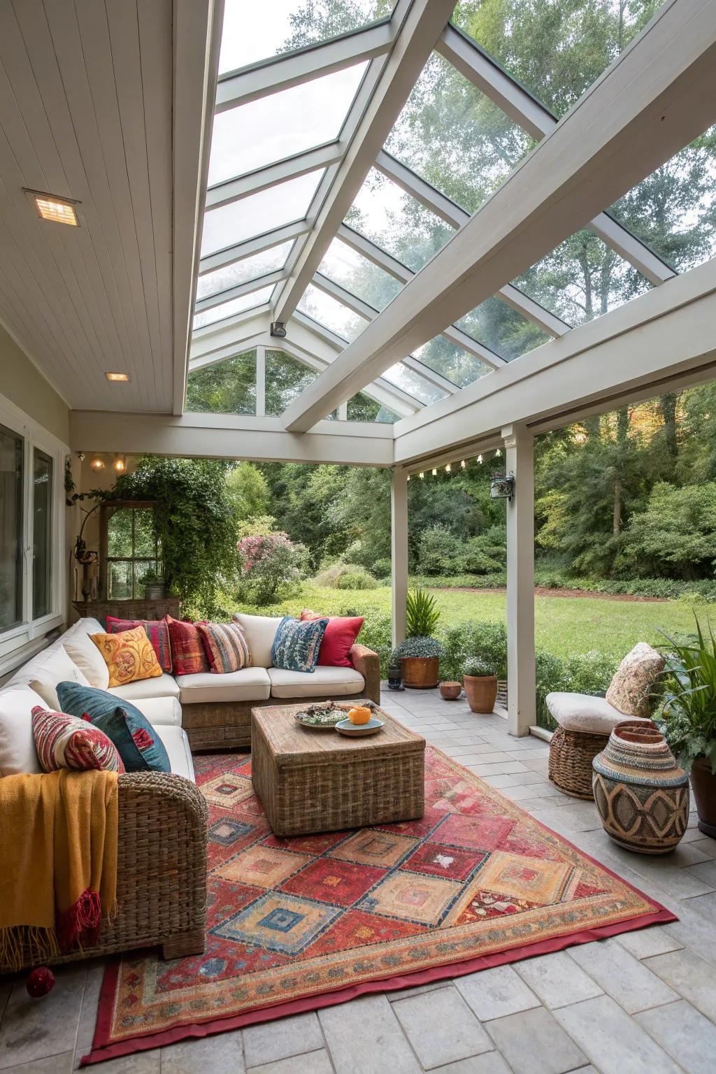 Soft furnishings under skylights create a cozy, inviting patio vibe.