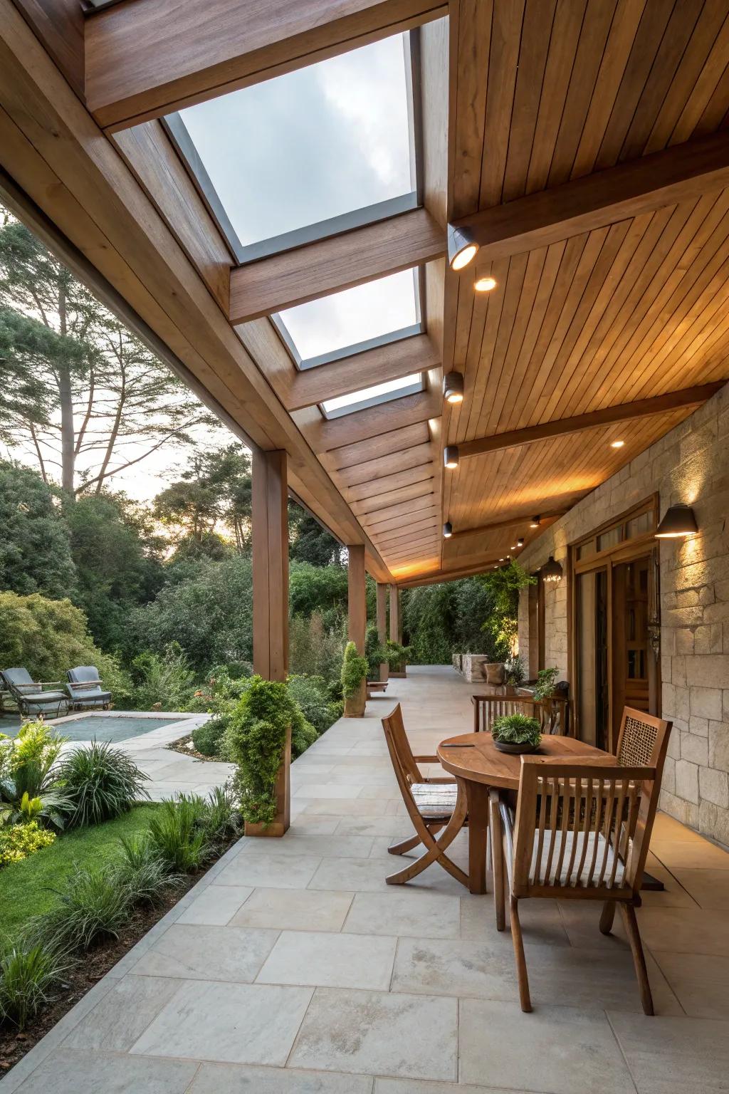 Wood and skylights combine for an inviting, nature-inspired patio.