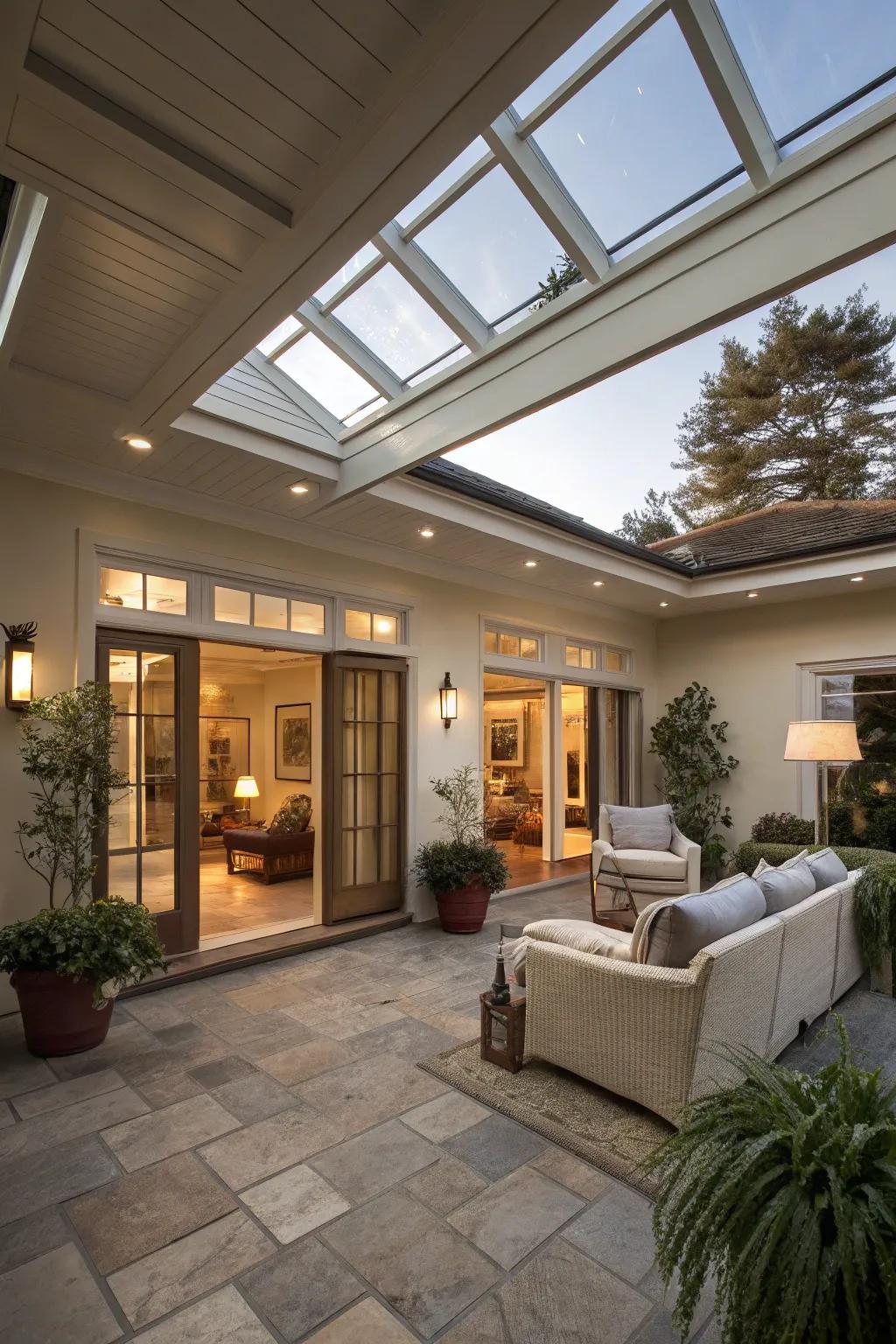 Strategically placed skylights illuminate both patio and interior spaces.