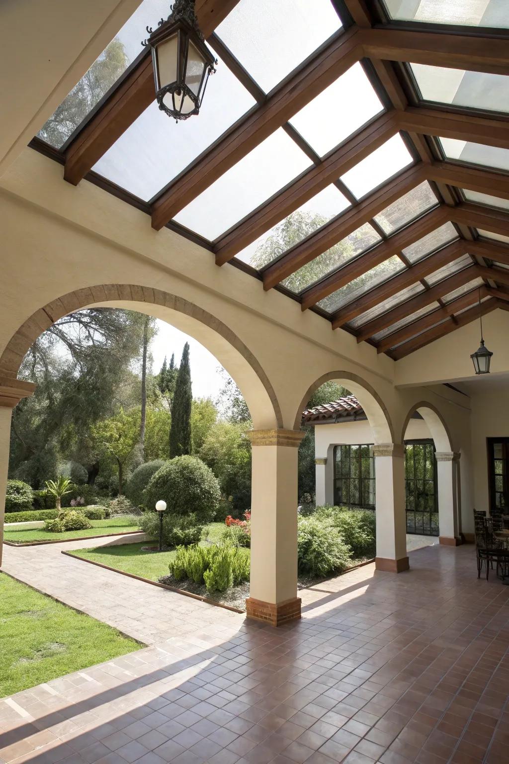 Bold architectural features and skylights create a striking patio design.