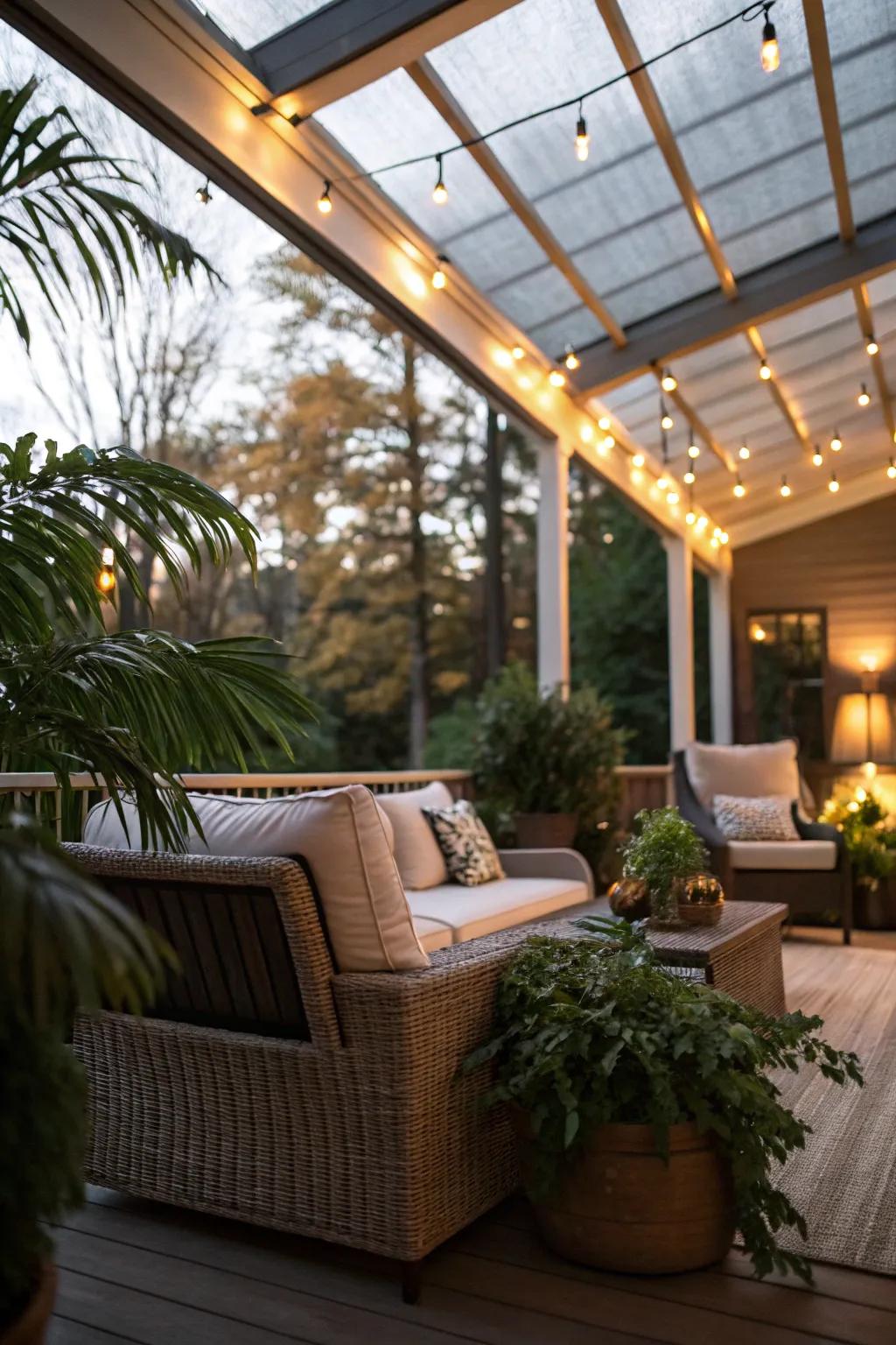 Ambient lighting paired with skylights creates a warm, inviting patio.