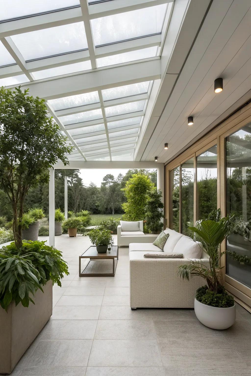 A minimalist patio design with skylights offers a serene escape.
