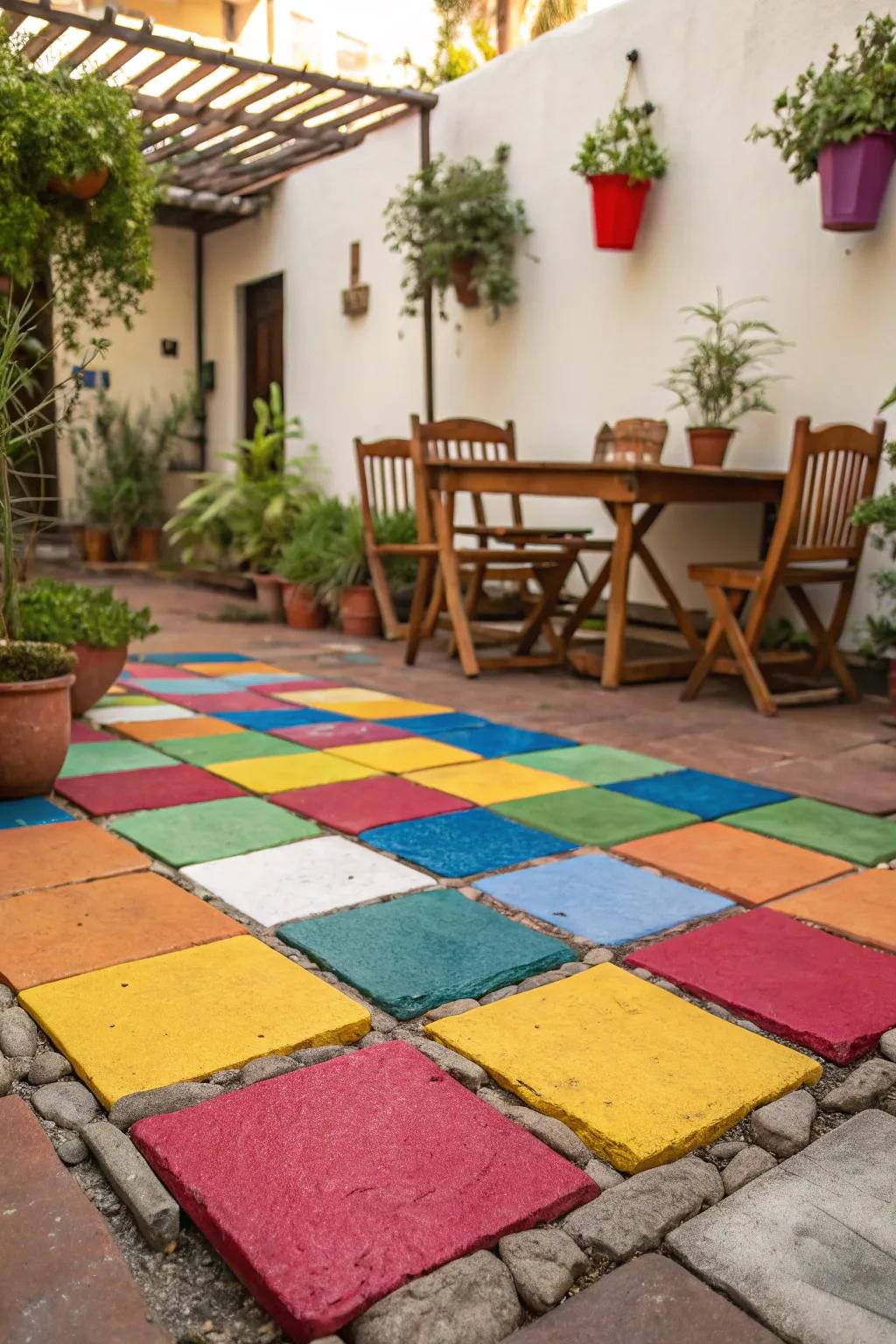 Brightly painted slabs bring a pop of color to this patio.
