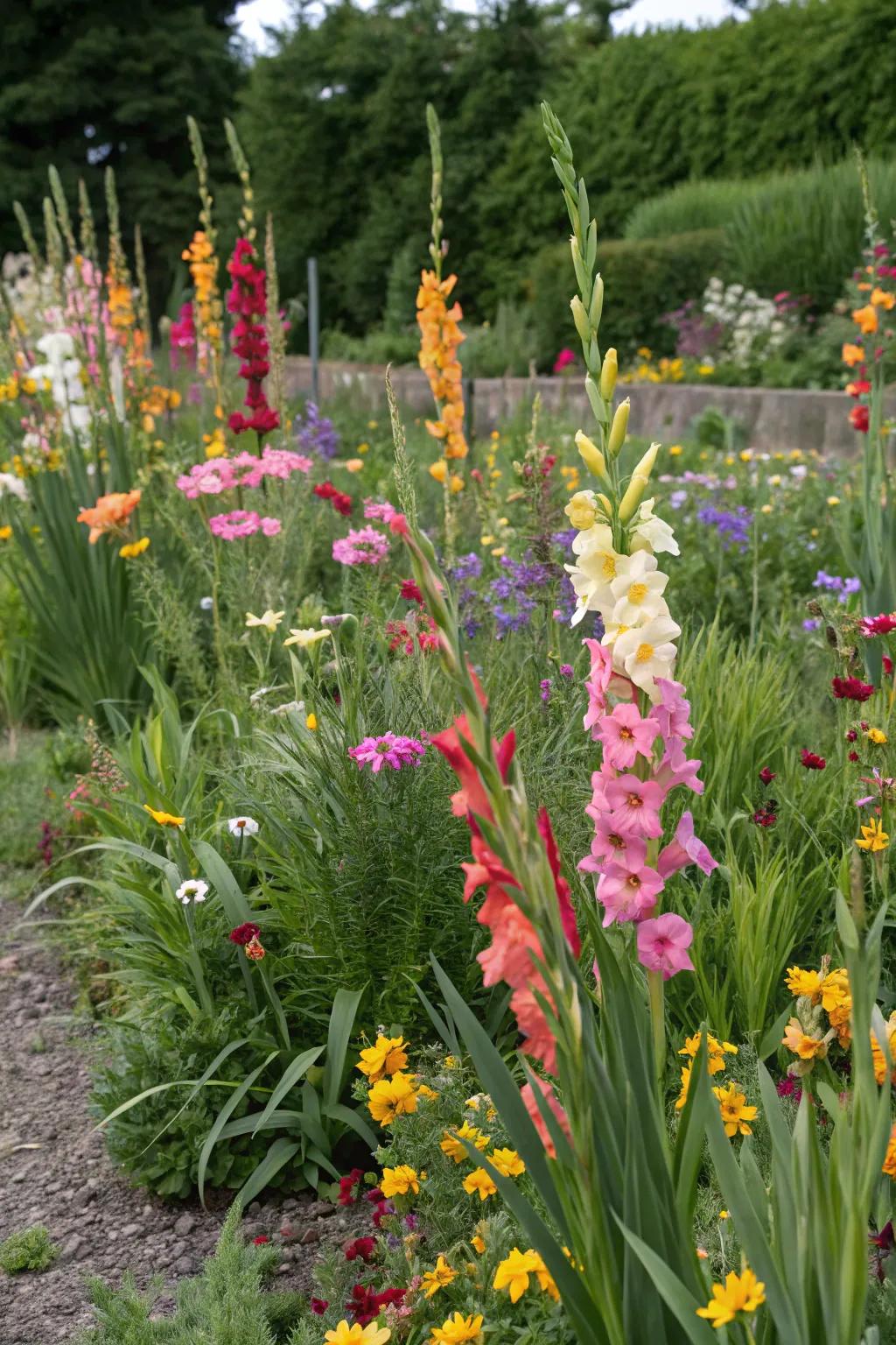 Gladiolus and wildflowers mingling for a delightful garden mix.