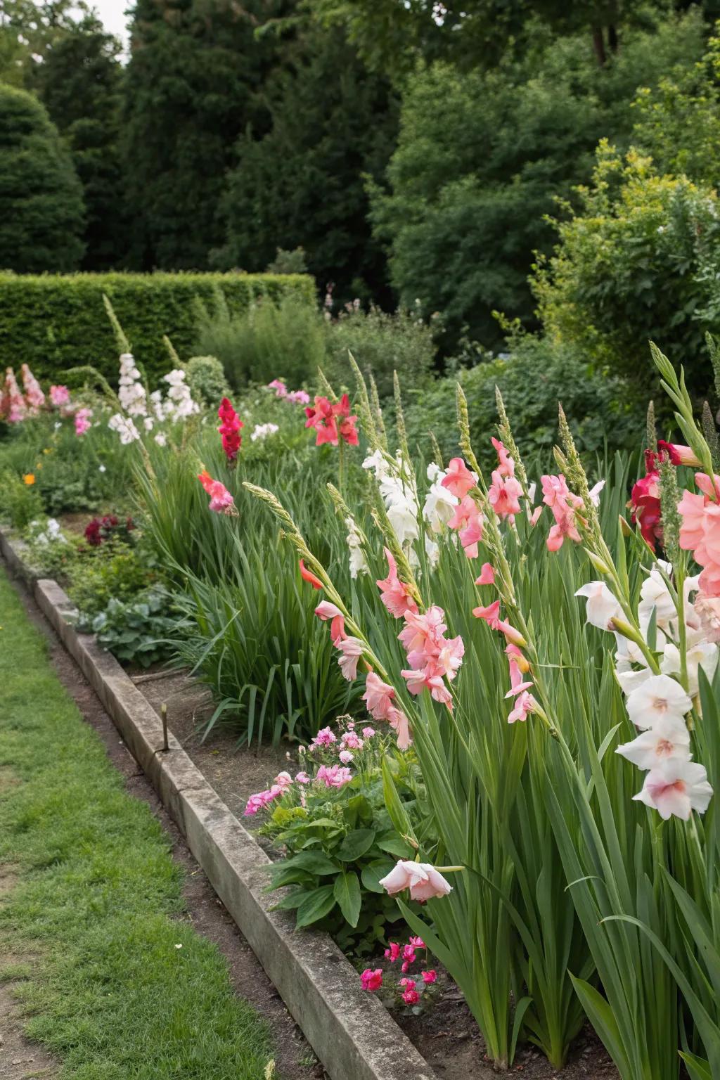 Gladiolus filling in gaps to complete the garden's beauty.