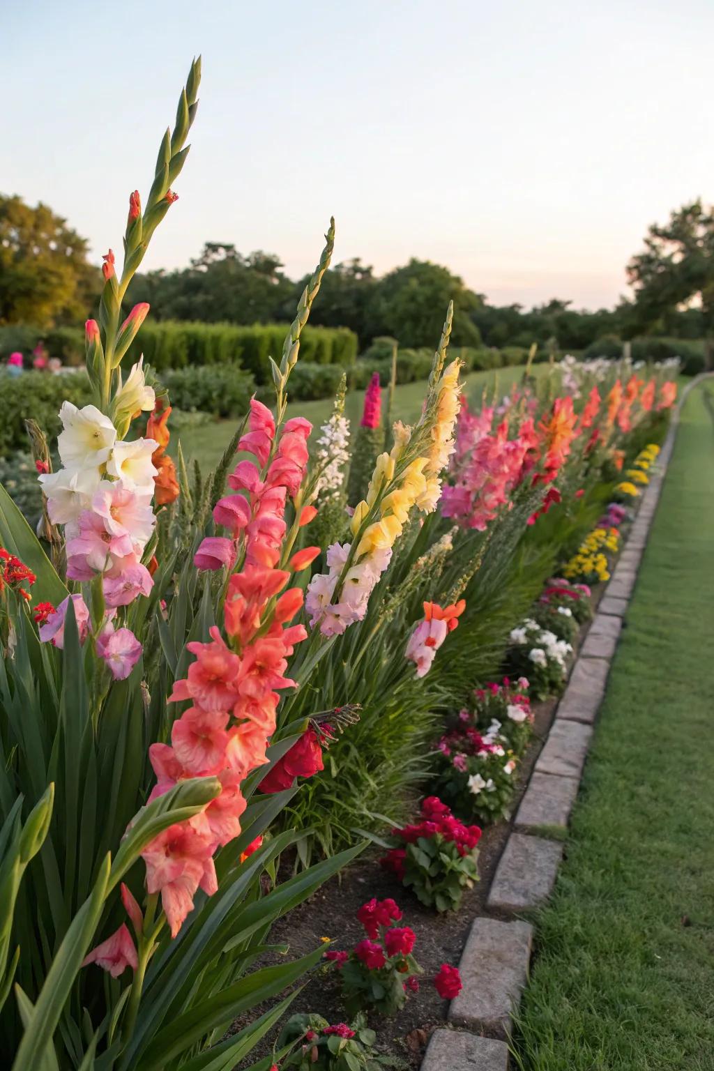 Gladiolus of varying heights adding depth to the flower bed.