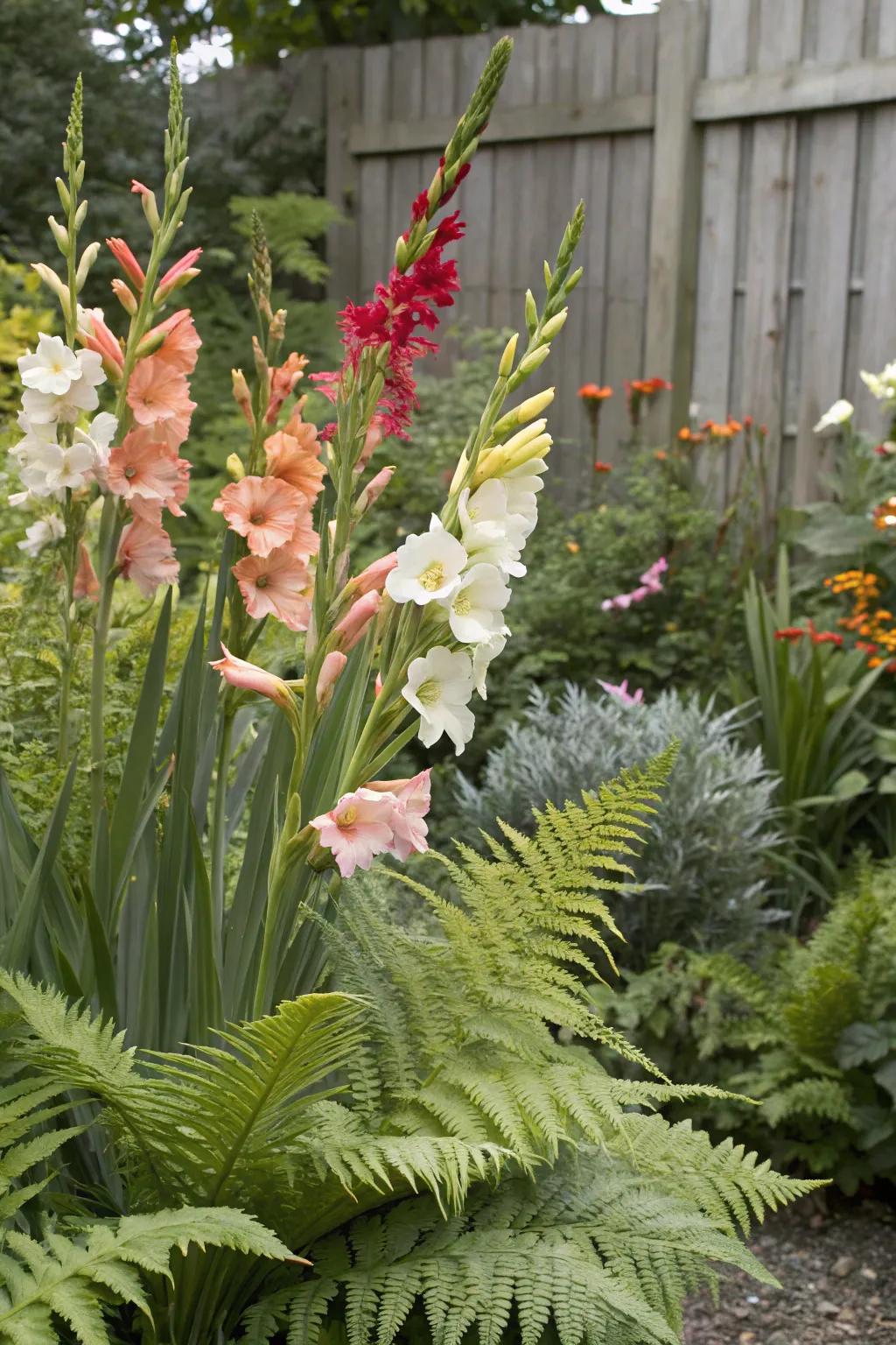 Textured plants and gladiolus creating an eye-catching garden display.