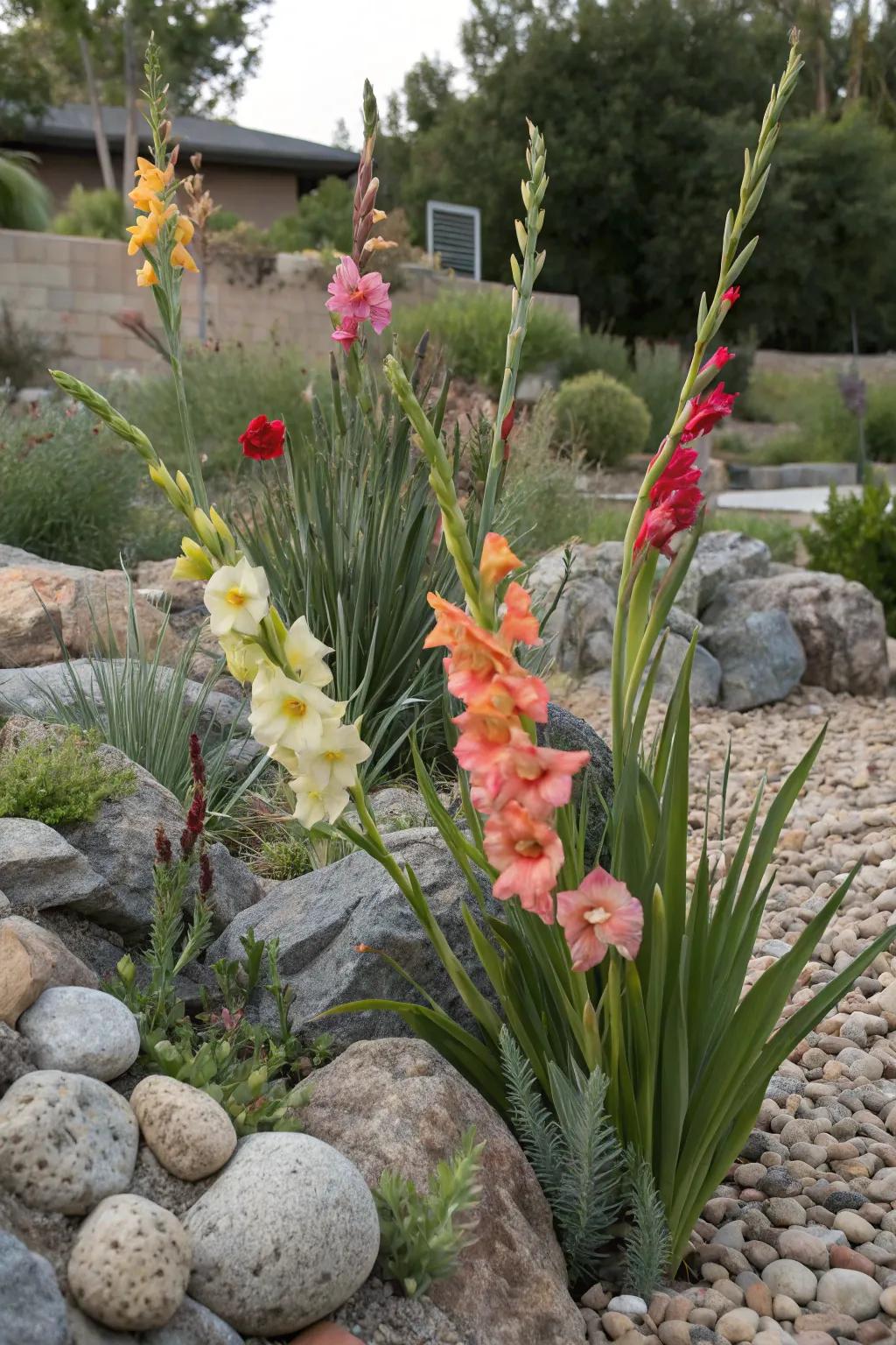 Elegant gladiolus contrasting with the ruggedness of a rock garden.