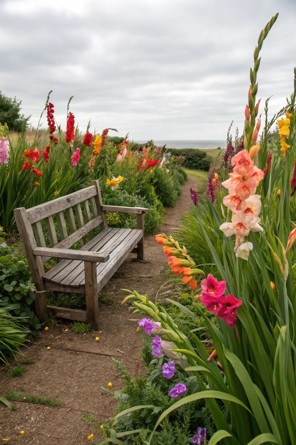 A cozy garden seat nestled among vibrant gladiolus.