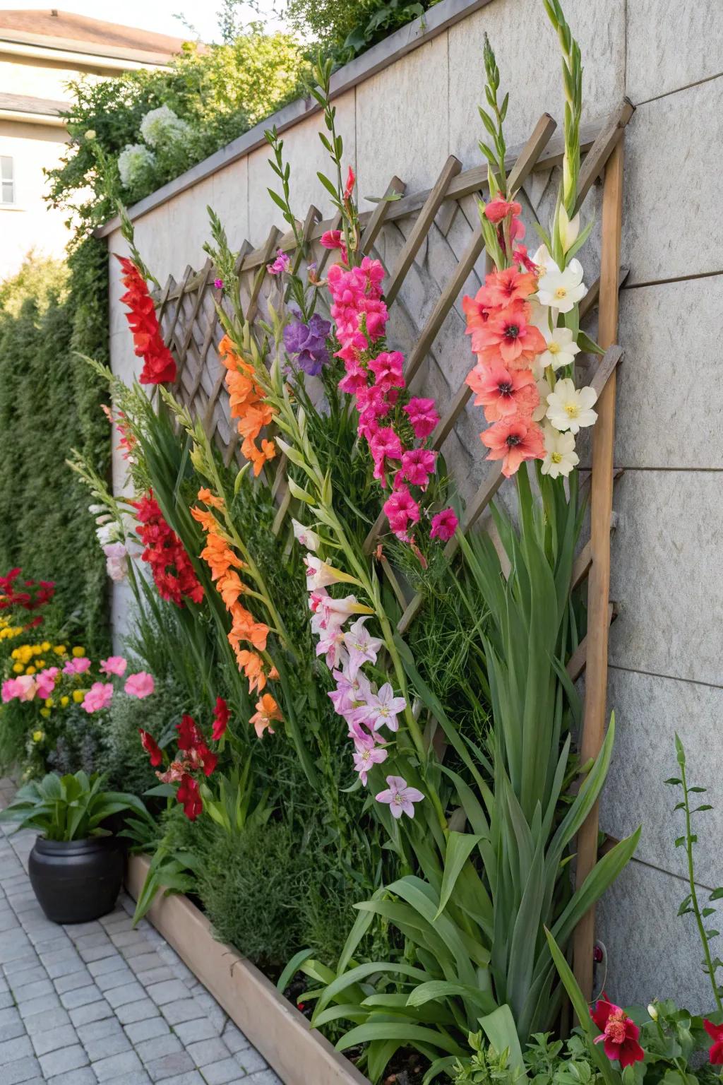 Gladiolus adding height and color to a vertical garden.