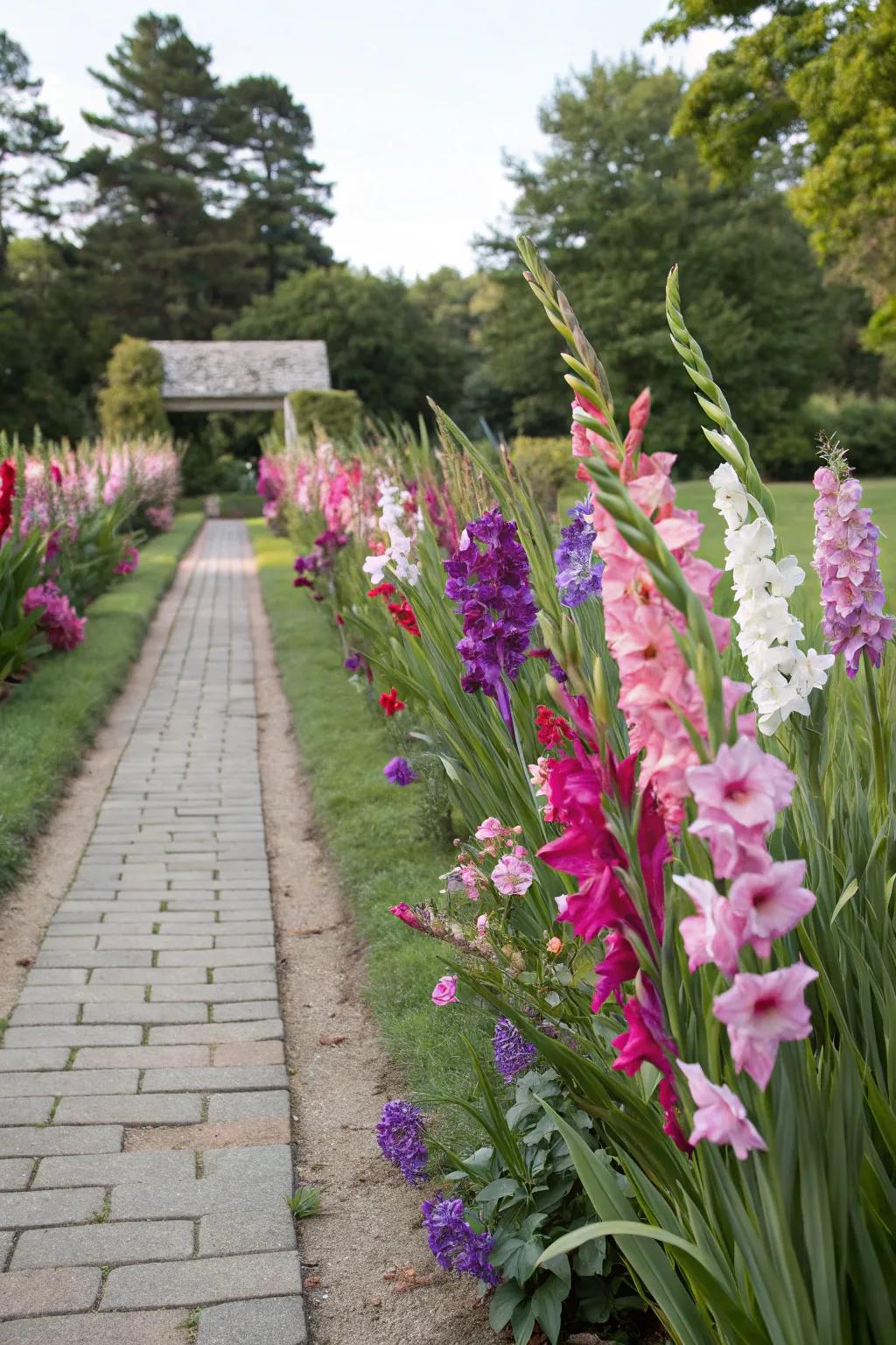 Pathways bordered by gladiolus, offering a grand garden entrance.