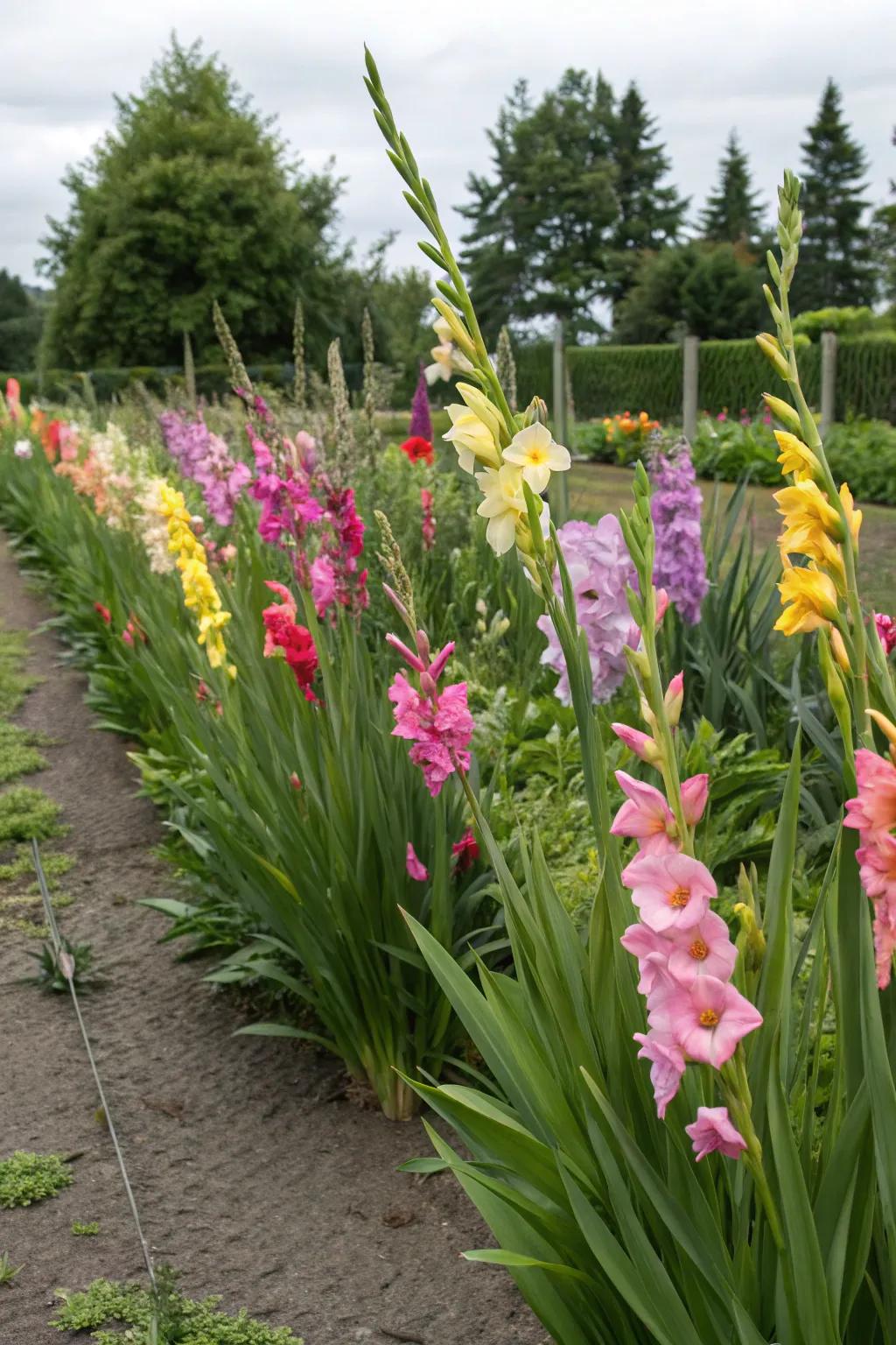 A stunning rainbow of gladiolus adding color to a garden bed.