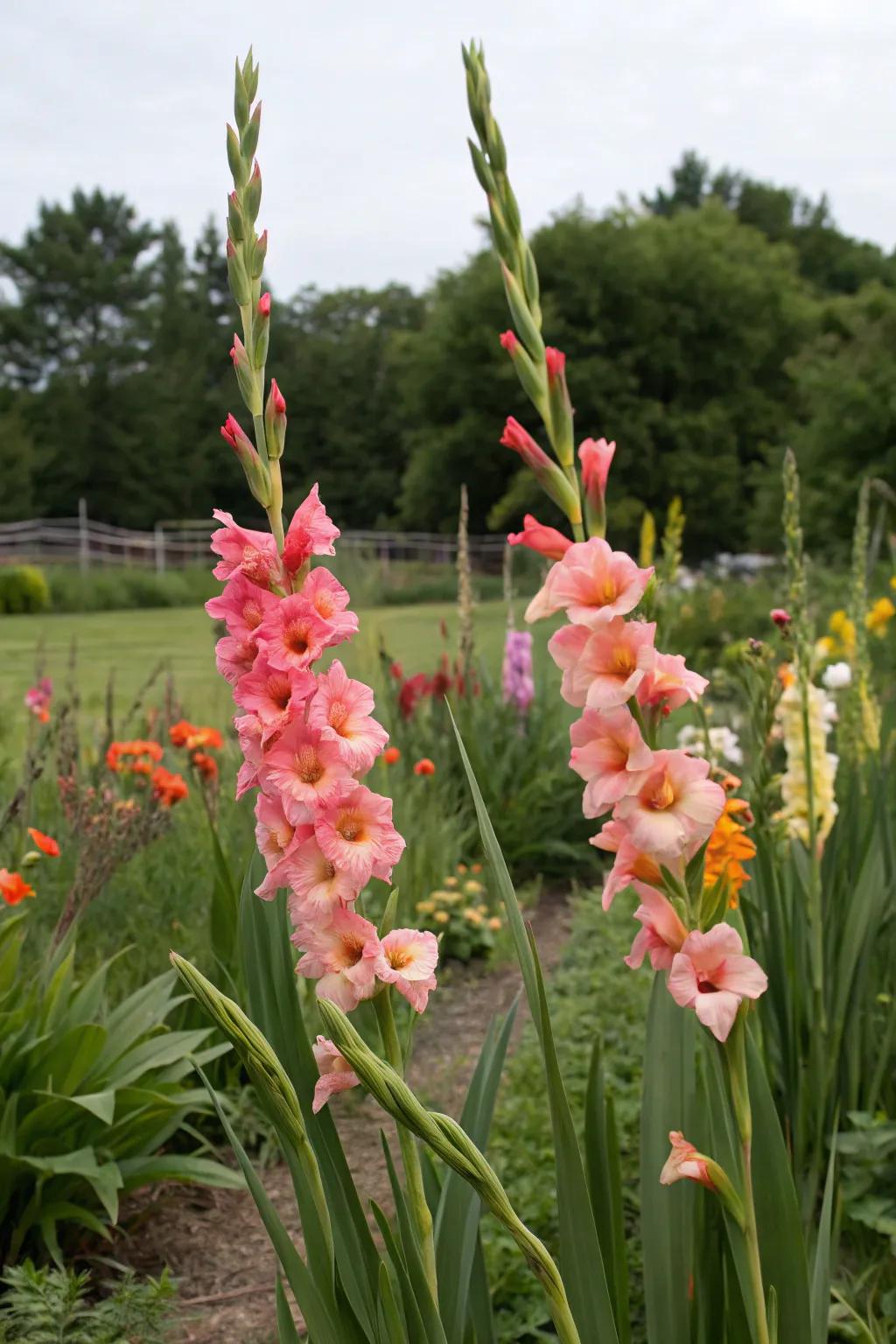 Tall gladiolus adding vertical structure to the garden.