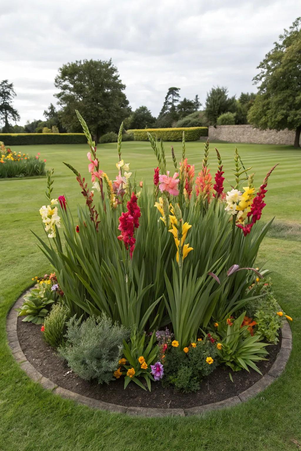 A circle of gladiolus serving as a unique garden focal point.