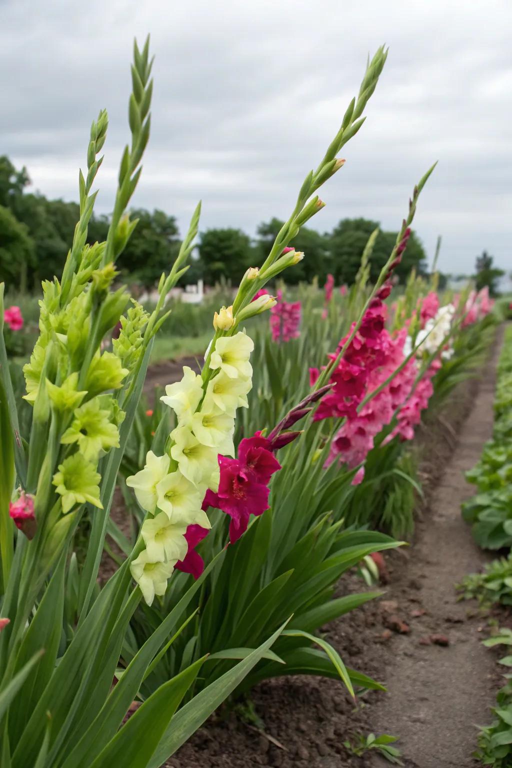 Unusual gladiolus color combinations creating a striking visual impact.