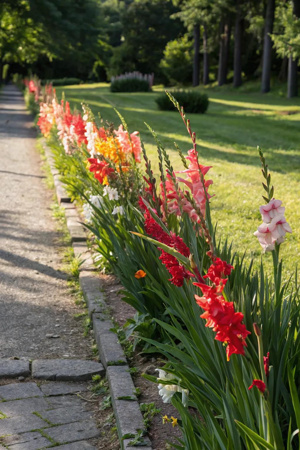 A flowering hedge of gladiolus creating boundaries in the garden.