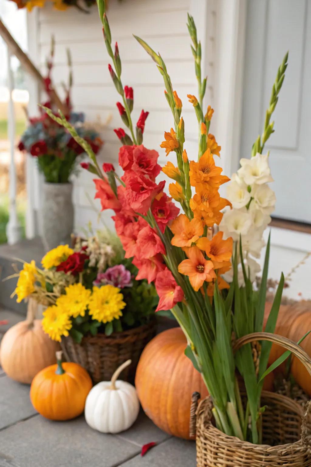 Seasonal gladiolus hues enhancing the garden's seasonal theme.