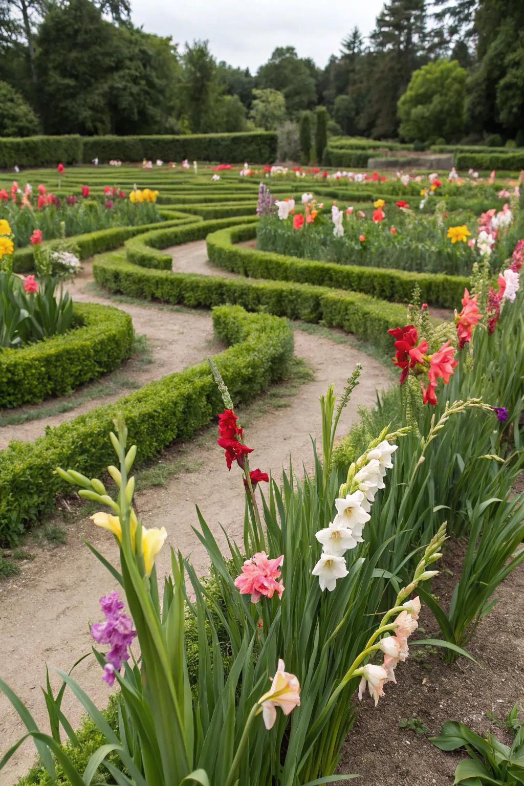A gladiolus maze offering a whimsical garden experience.