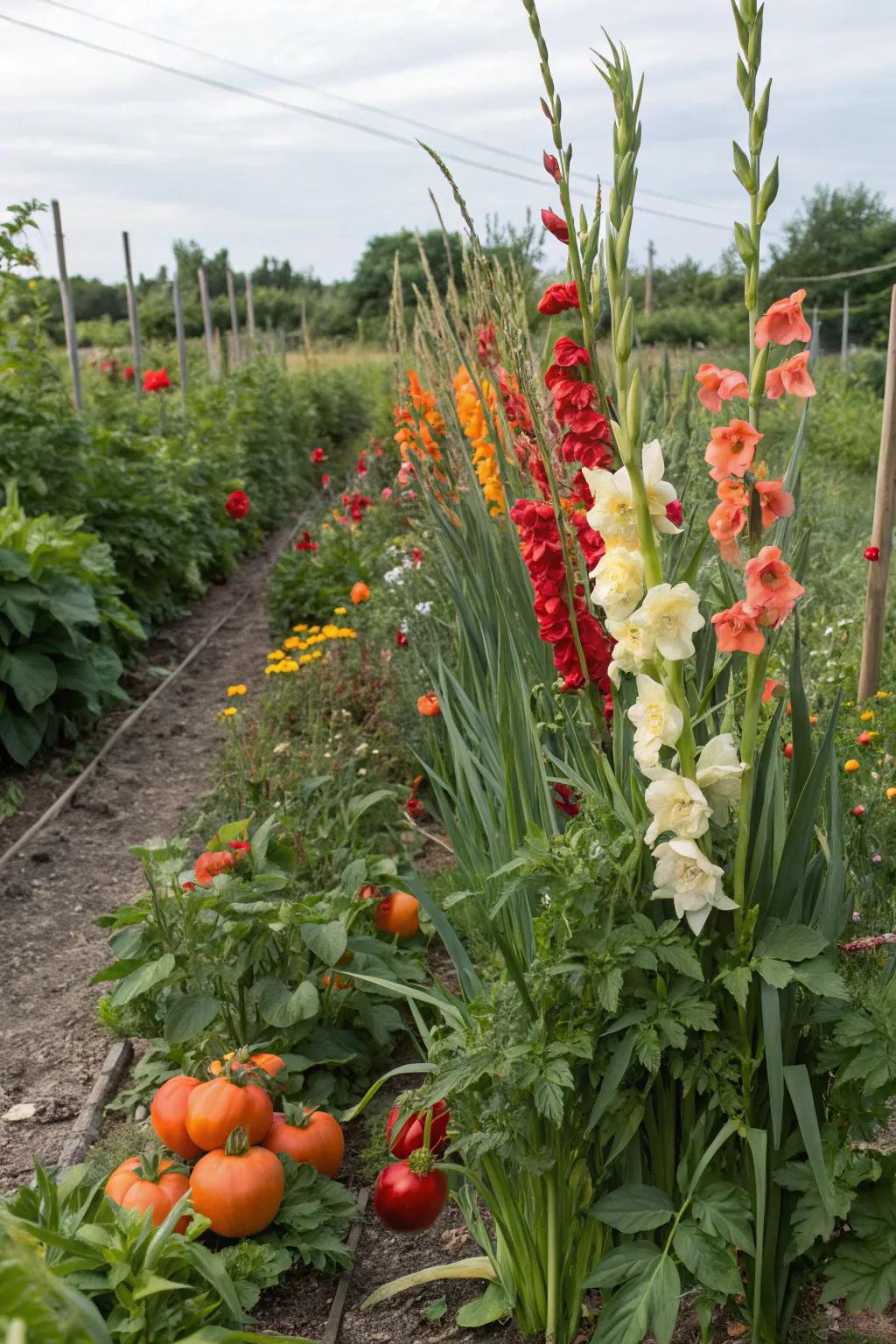 Gladiolus adding color to a functional vegetable garden.