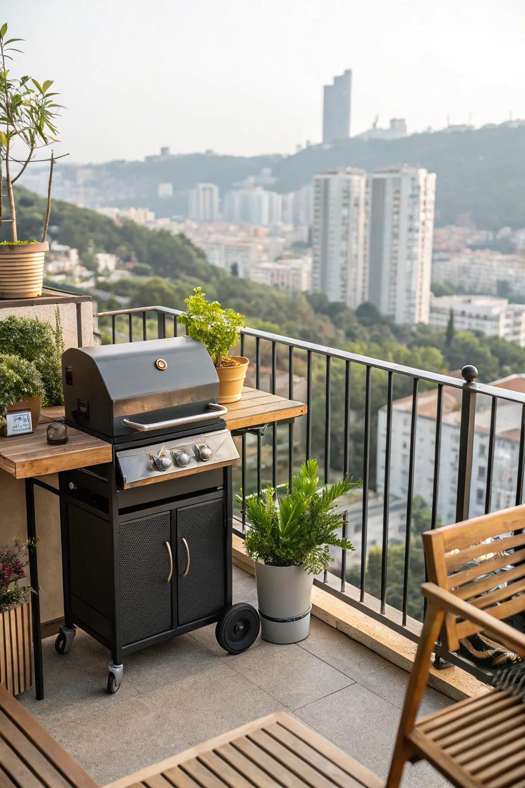 Urban living meets outdoor grilling with a compact setup.