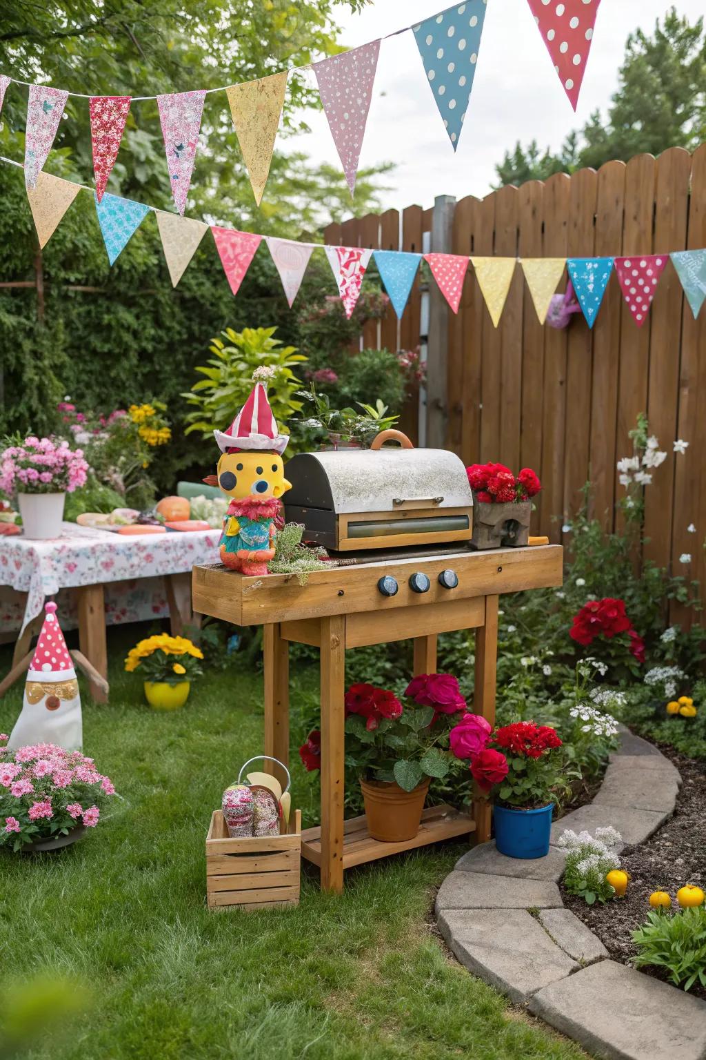 A whimsical garden theme adds playfulness to your grill area.