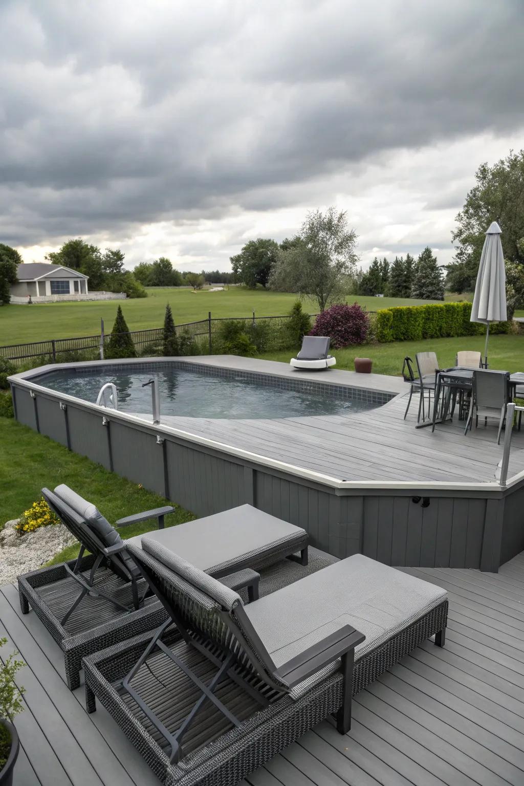 A monochromatic color scheme gives this above-ground pool a sleek and modern feel.