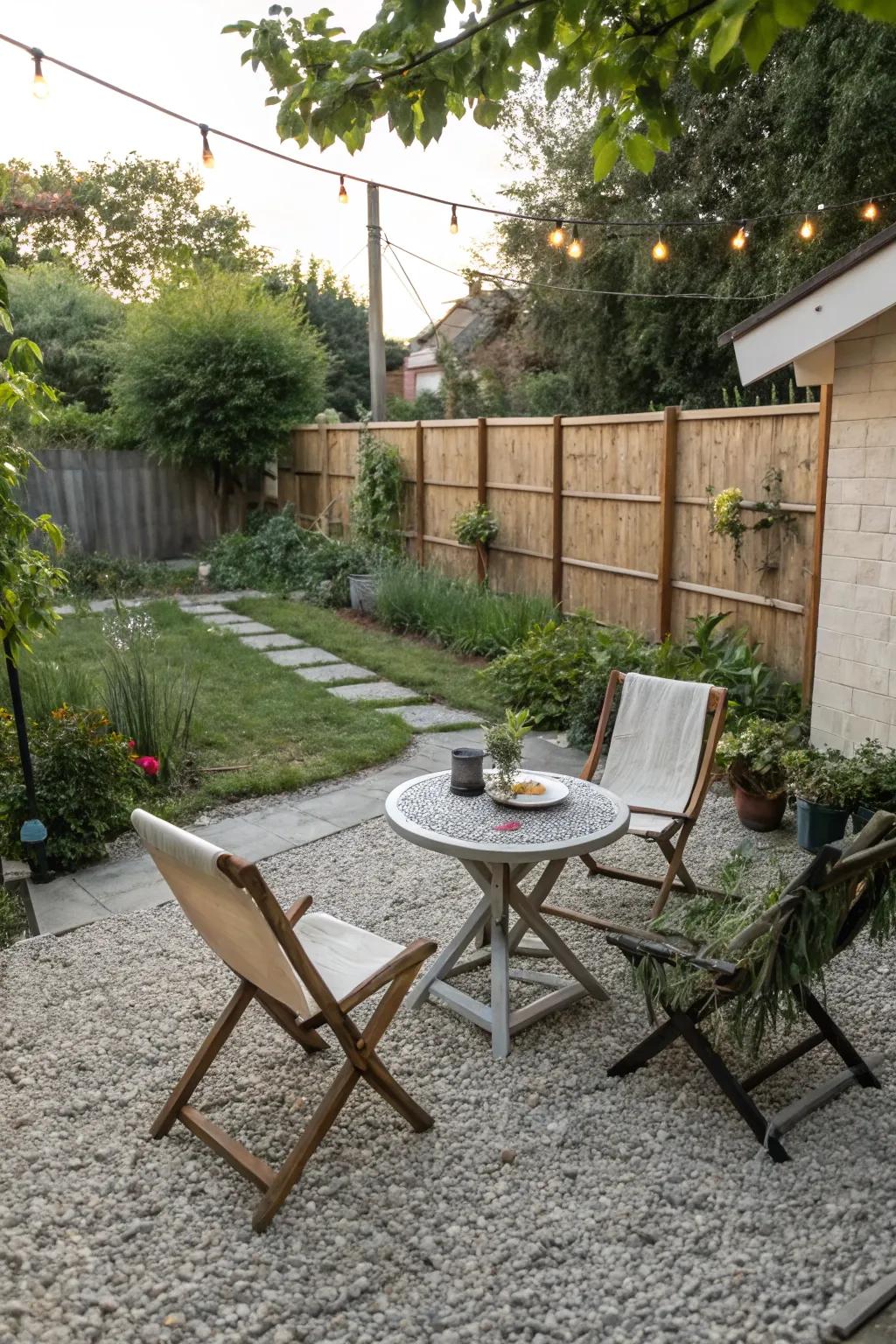 Inviting patio lounge area on gravel ground.