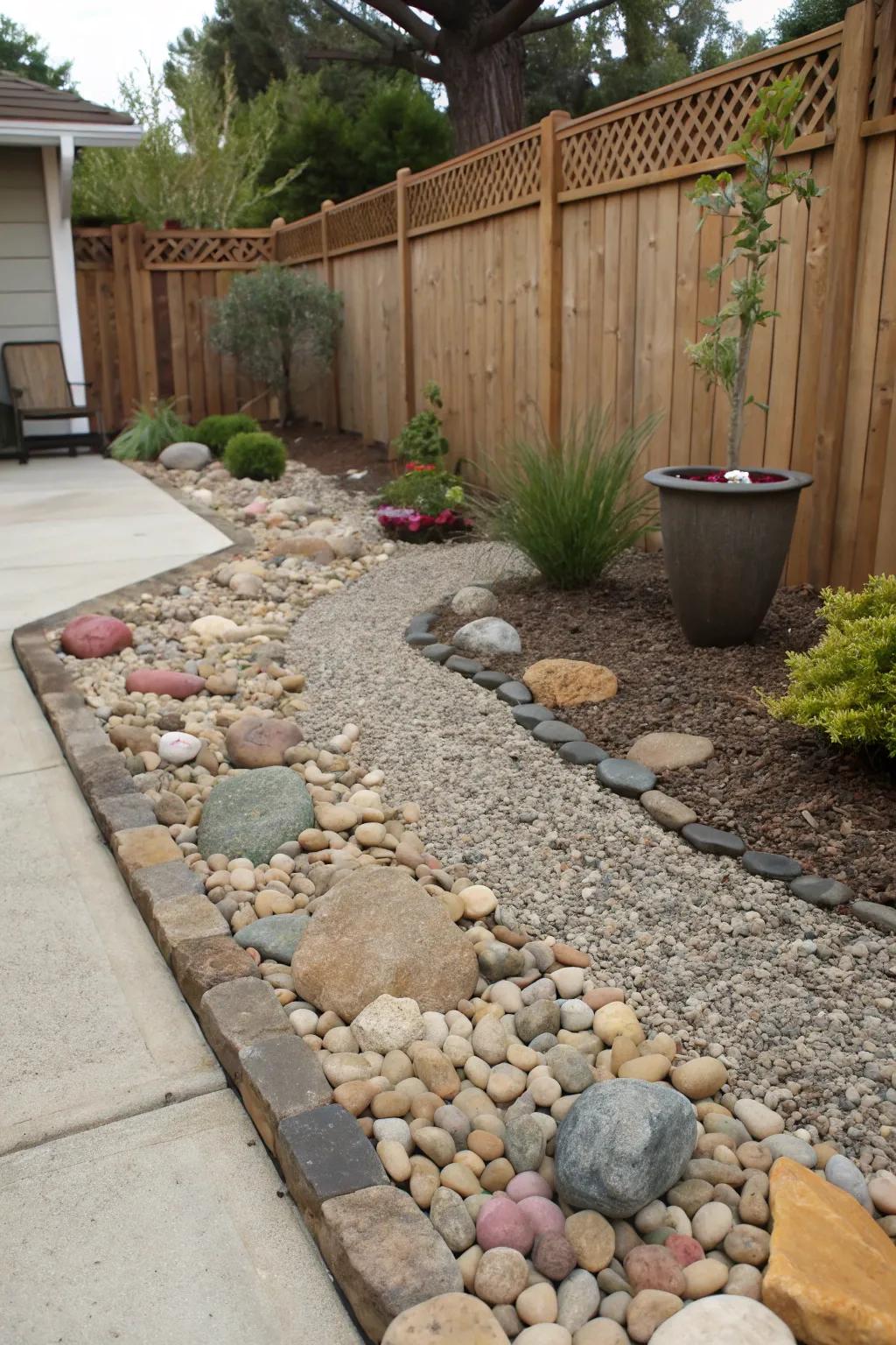 Backyard textured with gravel and pebbles.