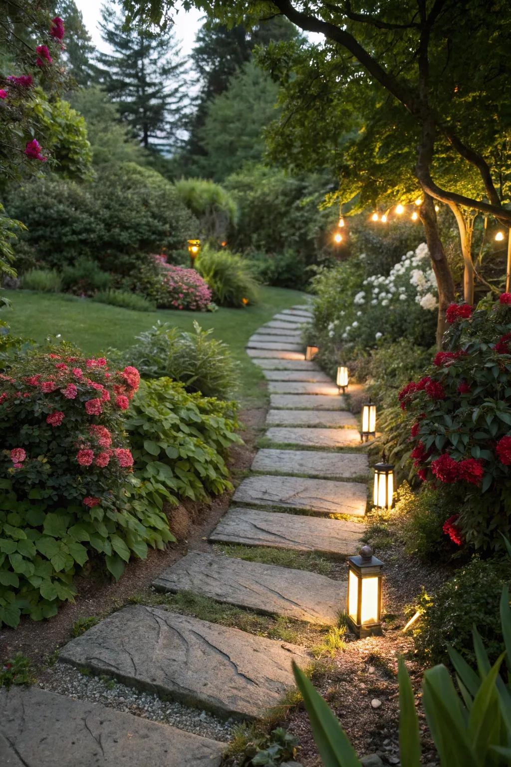 Backing pathway bordered with stepping stones and solar lamps.