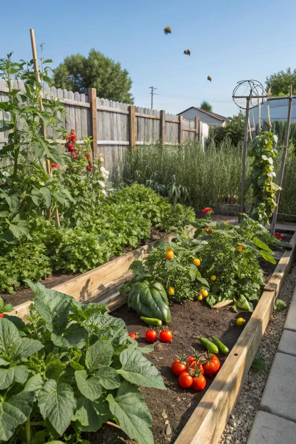 Fresh vegetables growing in a backyard garden.