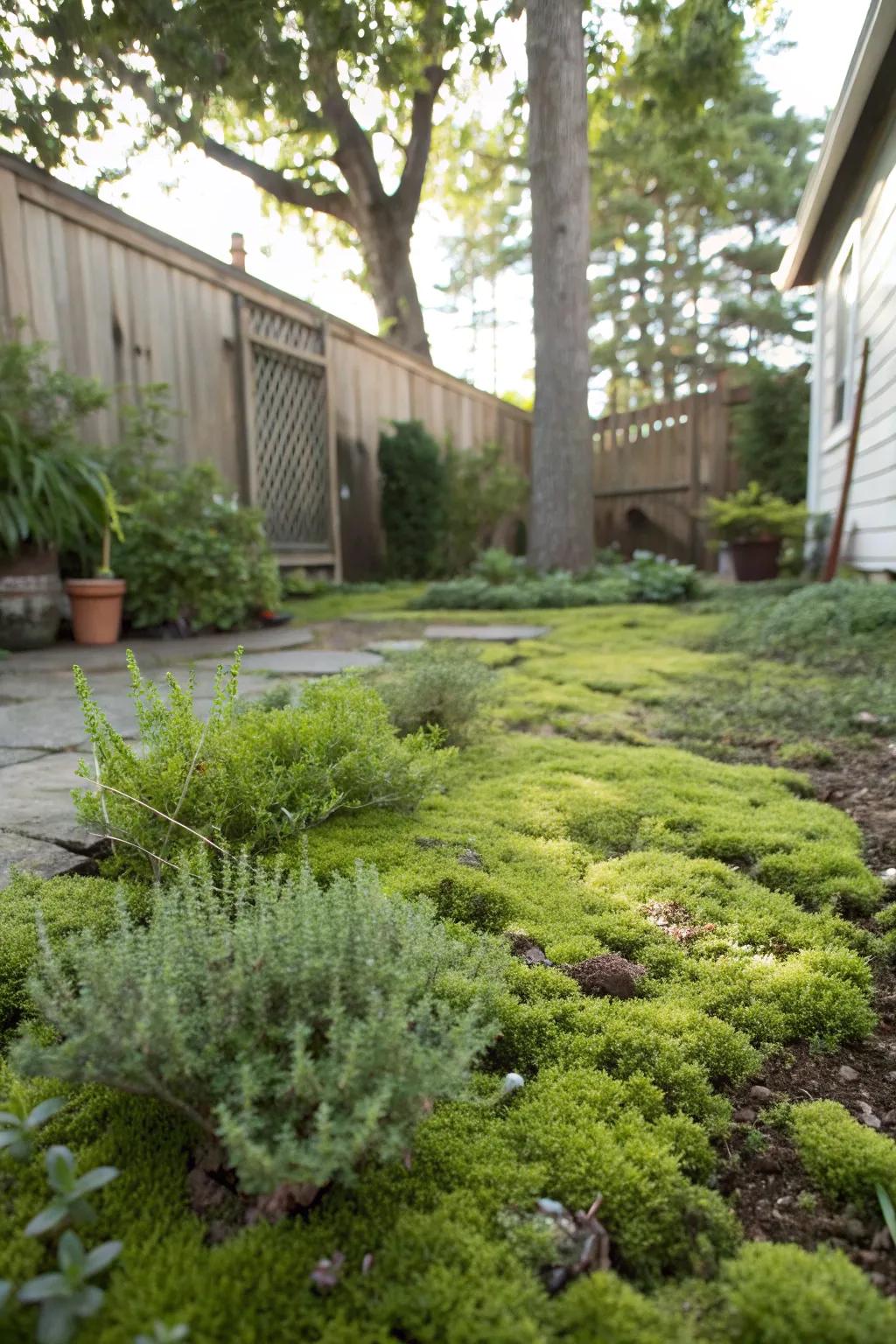 Lush ground cover plants enhancing a backyard.