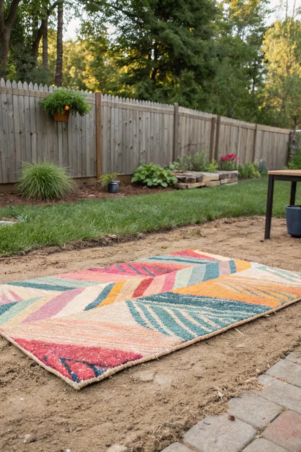Outdoor rugs define and brighten backyard areas.