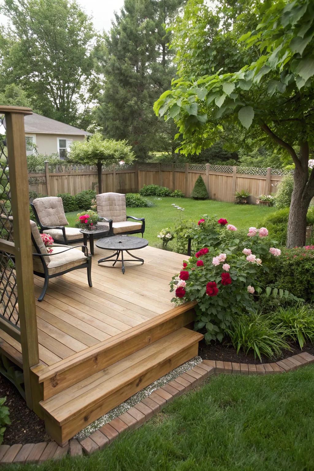 Raised deck adding usable outdoor living space.