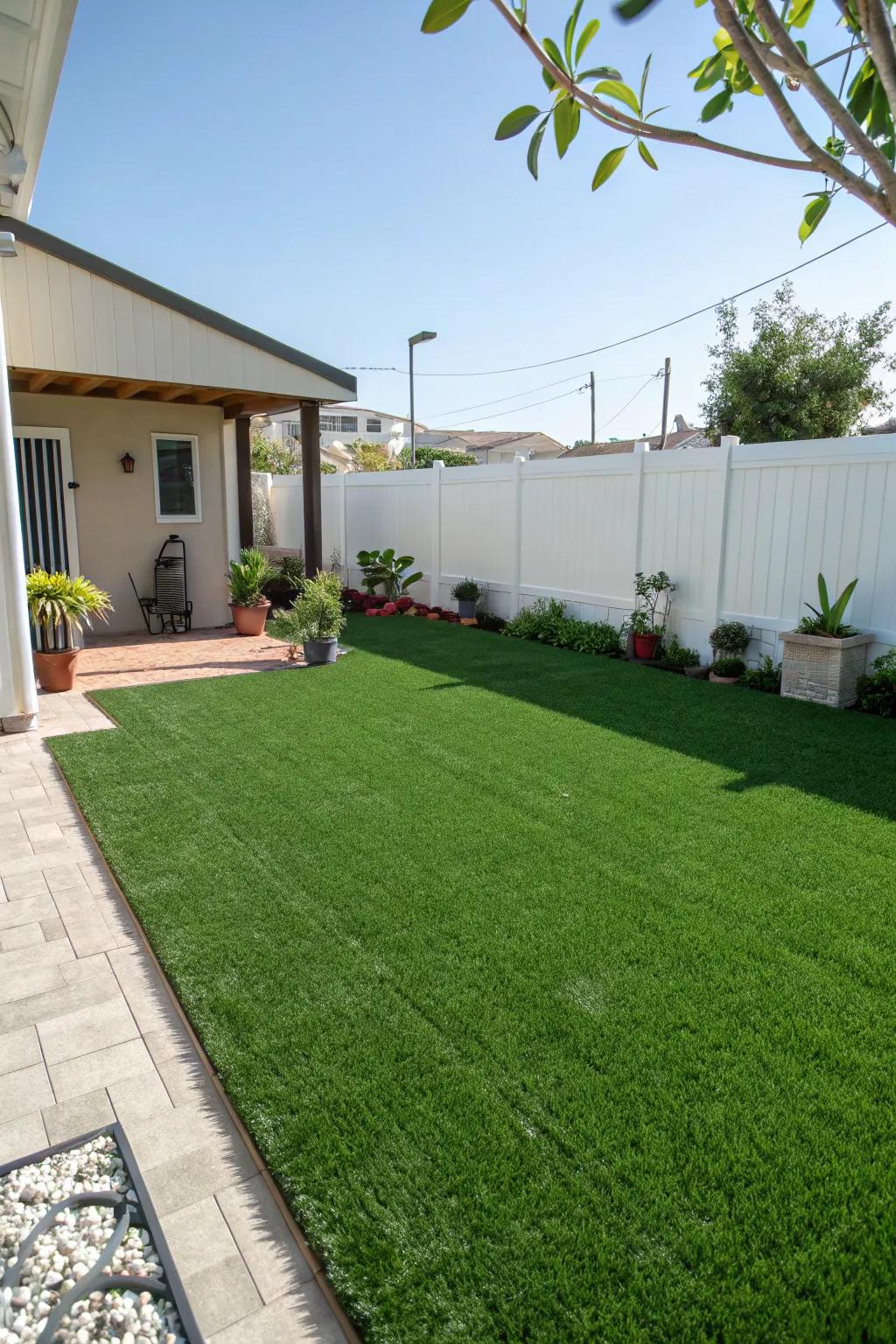 Artificial grass providing an evergreen, no-maintenance lawn.