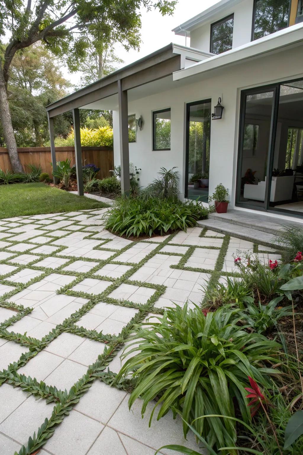 Polished backyard flooring using interlocking tiles.