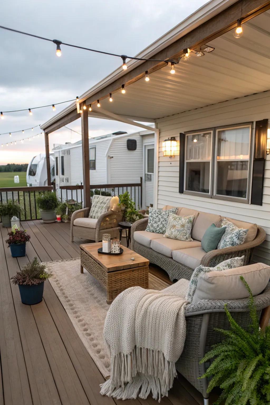 A trailer front porch designed as a cozy outdoor living room.