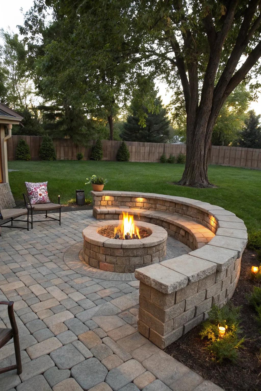 A paver fire pit with convenient built-in seating.