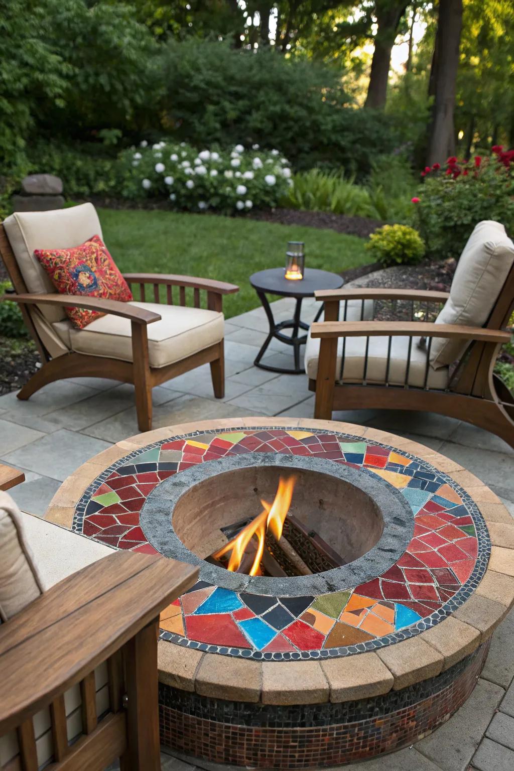 A fire pit adorned with a vibrant mosaic tile inlay.