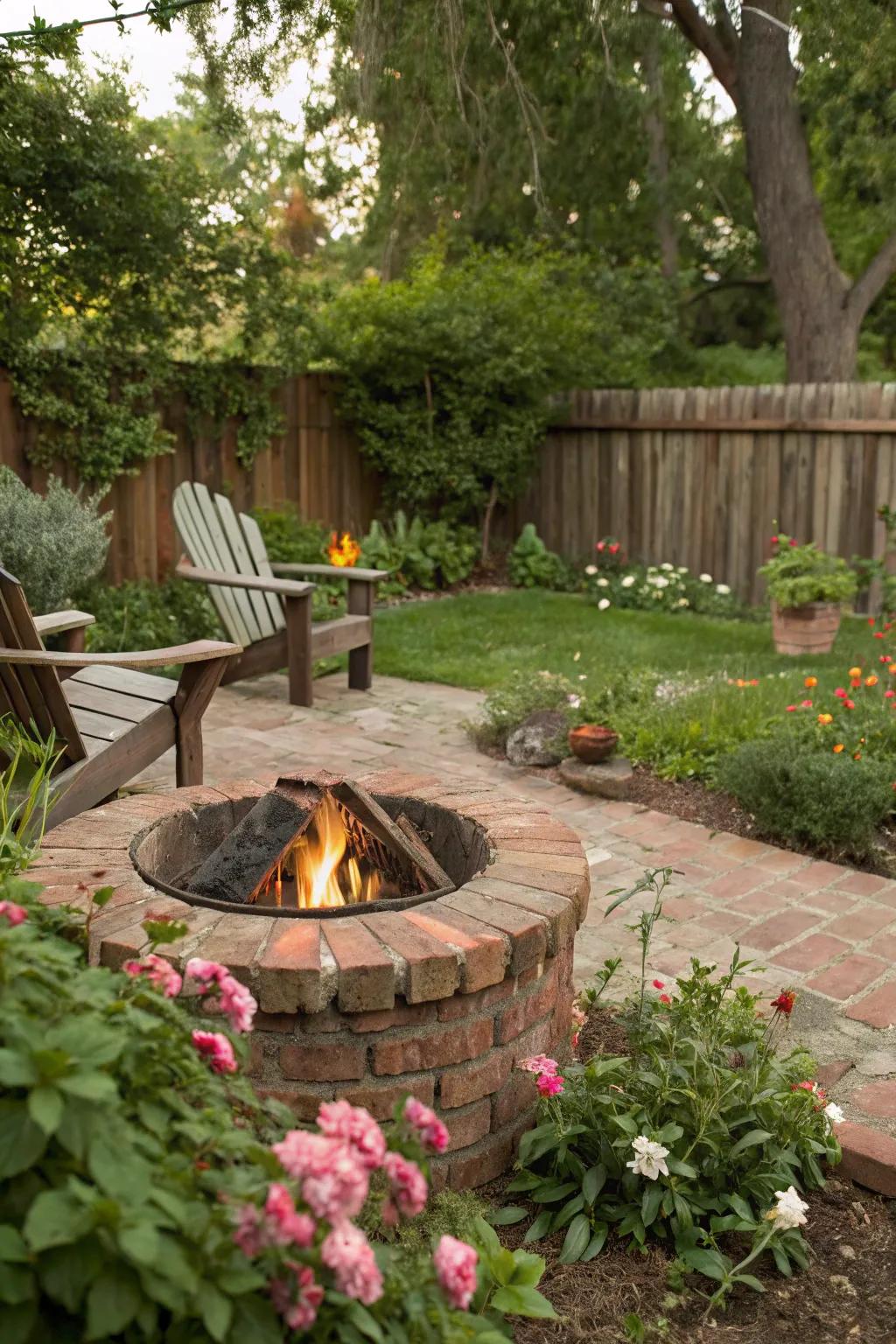 A rustic brick fire pit that exudes vintage charm.